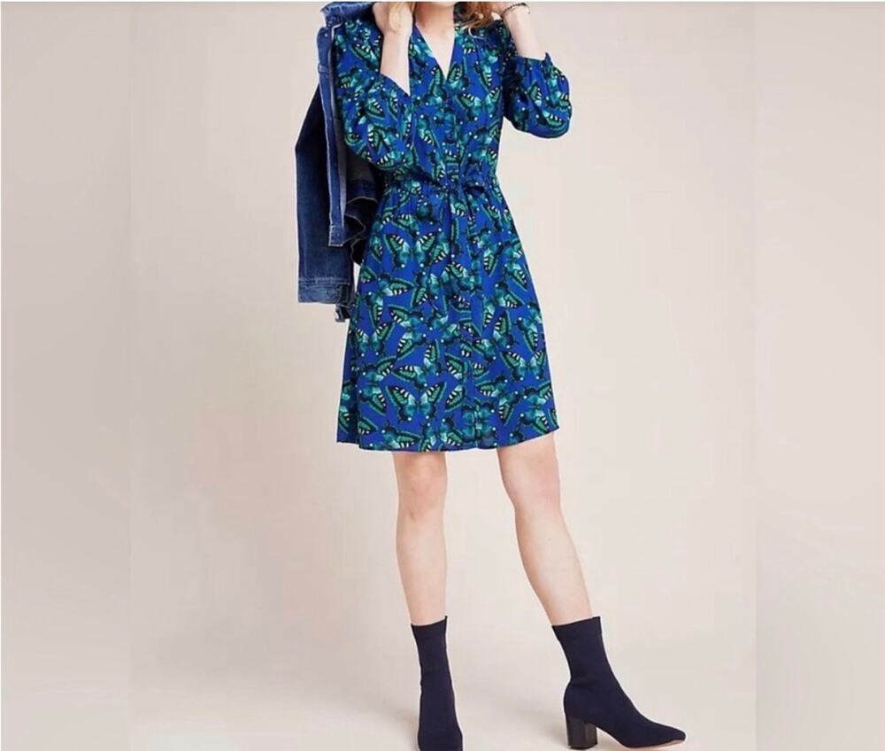 Maeve Anthropologie Womens Size S Pippa Butterfly Dress Small Blue Green Arty